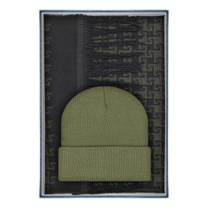 Zestaw prezentowy dla mężczyzny w kolorze zielonym / khaki : komplet czapka + szalik zapakowane w pudełko