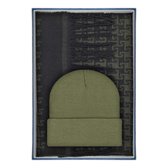 Zestaw prezentowy dla mężczyzny w kolorze zielonym / khaki : komplet czapka + szalik zapakowane w pudełko