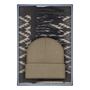 Zestaw prezentowy dla mężczyzny w kolorze brązowo-beżowym : komplet czapka + szalik zapakowane w pudełko