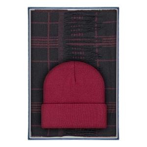 Zestaw prezentowy dla mężczyzny w kolorze bordowym : komplet czapka + szalik zapakowane w pudełko