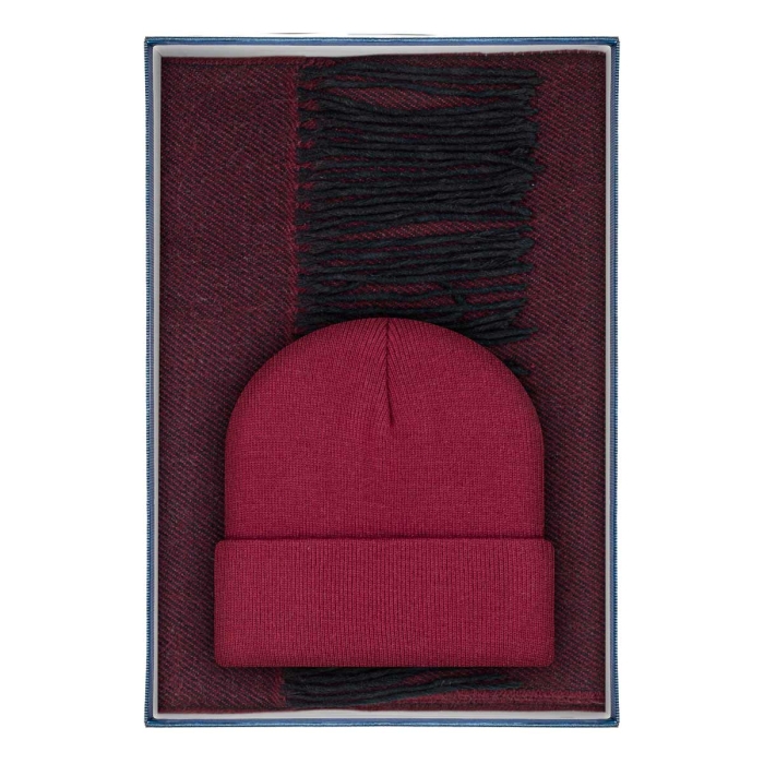 Zestaw prezentowy dla mężczyzny w kolorze bordowym : komplet czapka + szalik zapakowane w pudełko