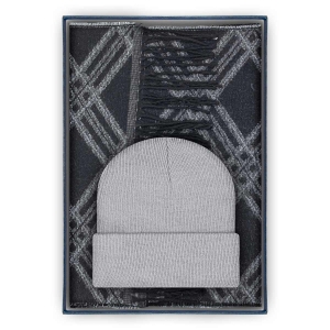 Zestaw prezentowy dla mężczyzny w kolorze szarym : komplet czapka + szalik zapakowane w pudełko