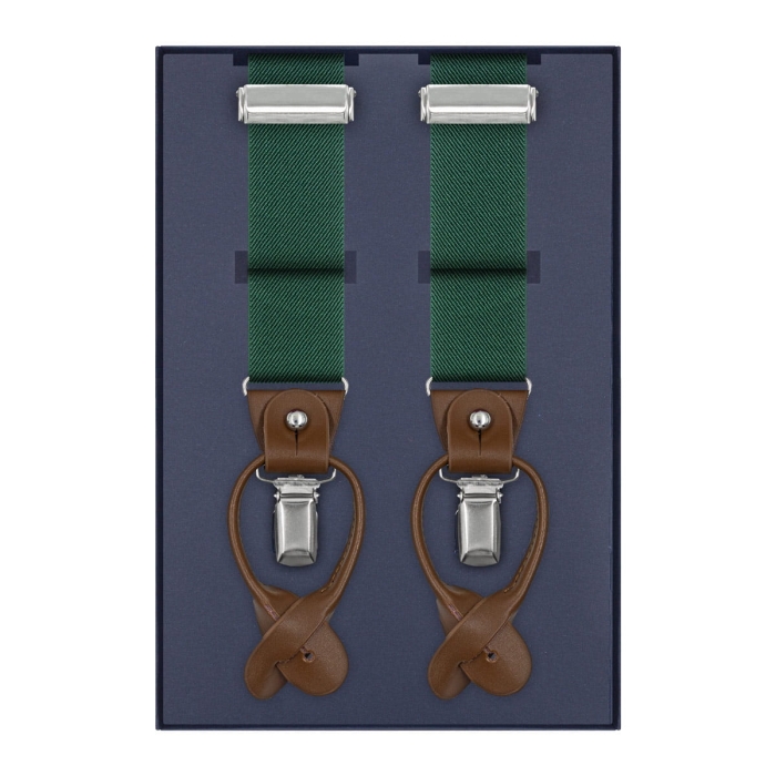 Szelki butelkowa zieleń zapinane na guziki z wykończeniem skórzanym