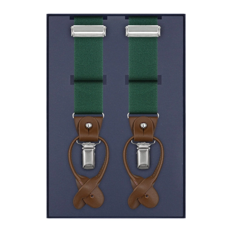 Szelki butelkowa zieleń zapinane na guziki z wykończeniem skórzanym