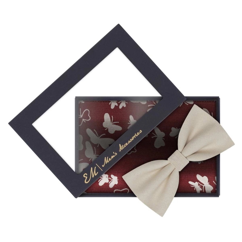 Zestaw dla mężczyzny: kremowa mucha + bordowa poszetka bawełniana w motylki zapakowane w pudełko