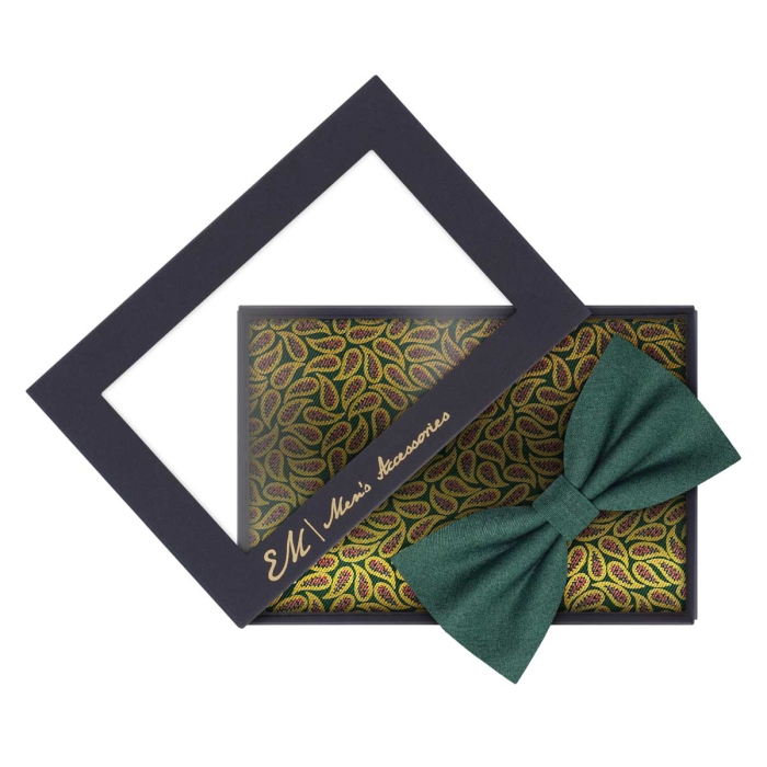 Zestaw dla mężczyzny: zielona / butelkowa zieleń mucha + zielono-żółta poszetka bawełniana zapakowane w pudełko