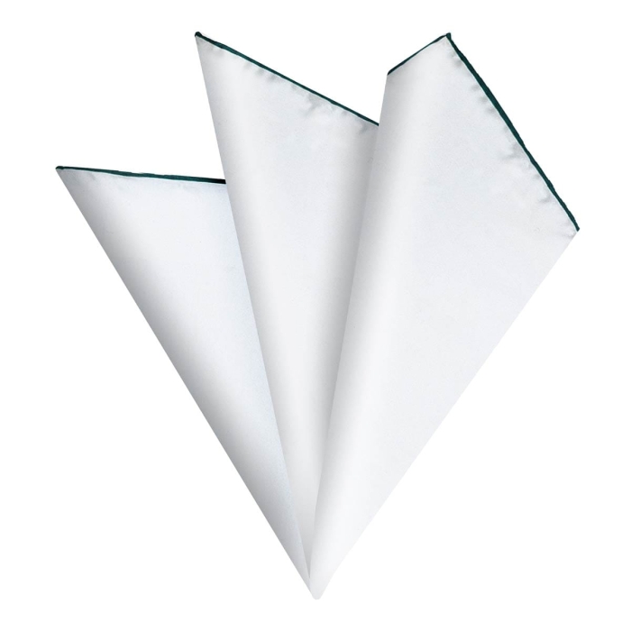 Poszetka jedwabna biała zielone / butelkowa zieleń obszycie