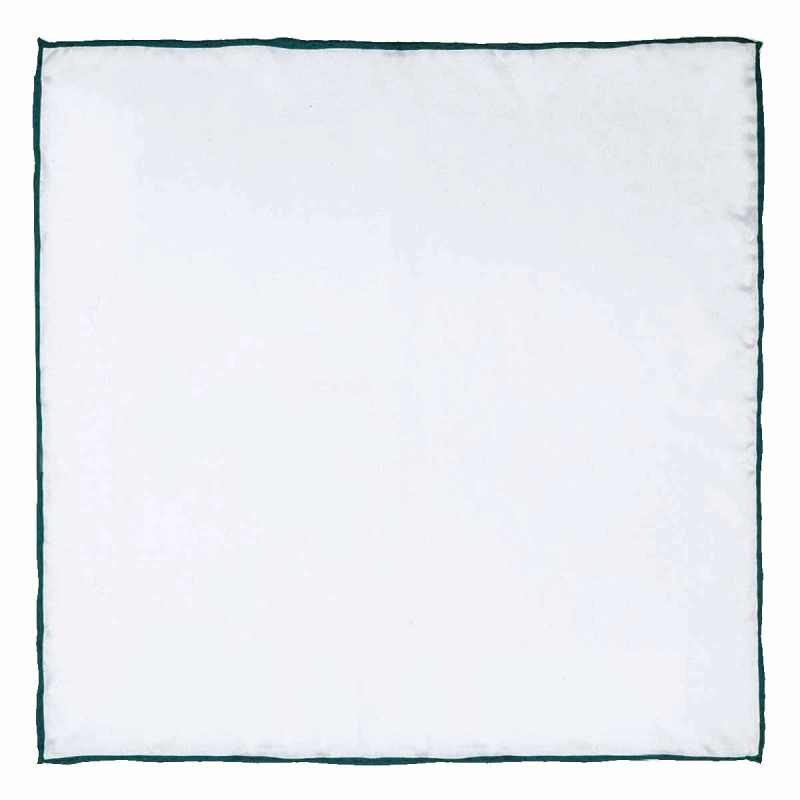 Poszetka jedwabna biała zielone / butelkowa zieleń obszycie