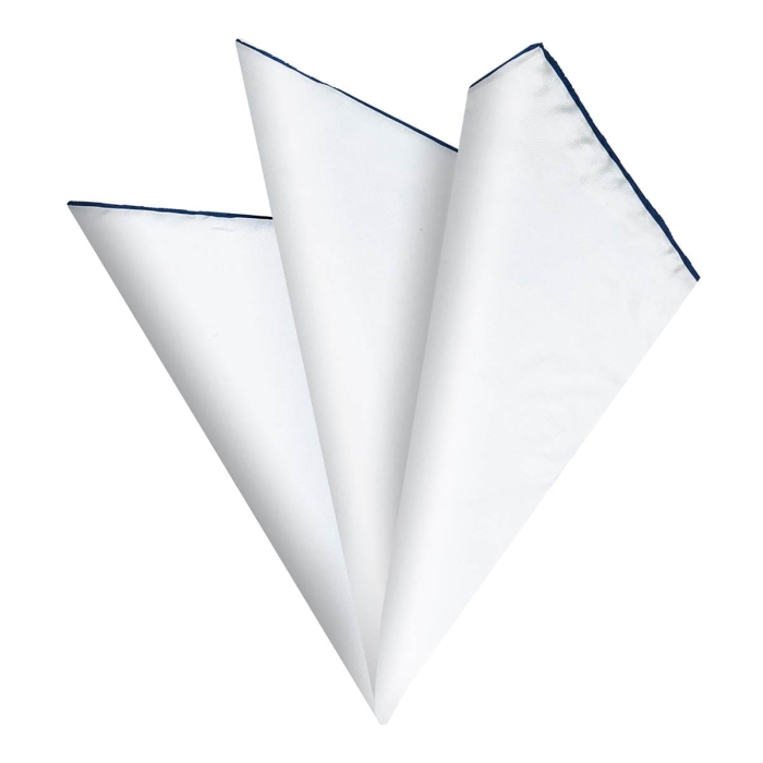 Poszetka jedwabna biała granatowe obszycie