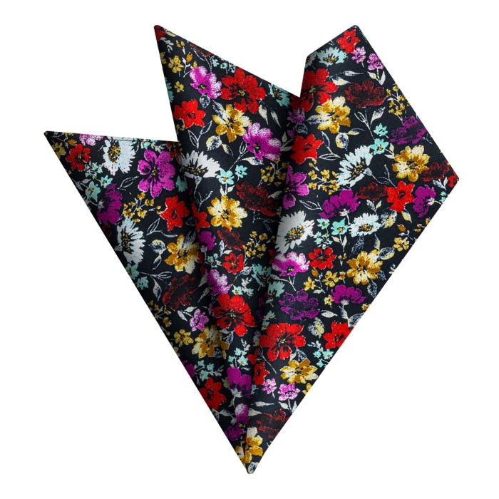 Poszetka bawełniana czarna w kwiatki