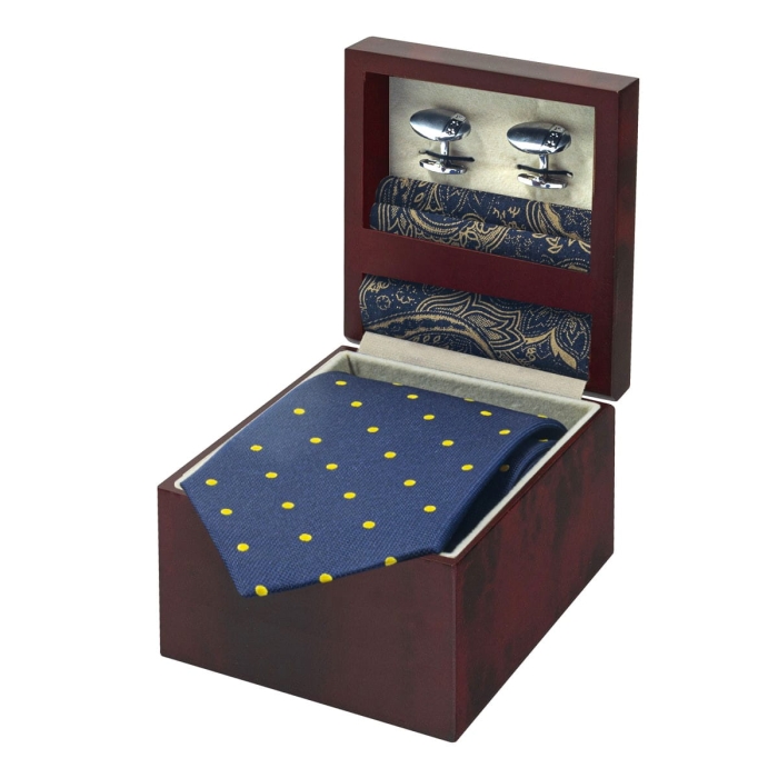 Zestaw Prezentowy dla mężczyzny w kolorze granatowym: krawat w groszki + poszetka bawełniana + spinki zapakowane w pudełko