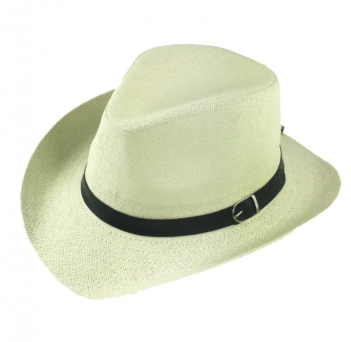 Kapelusz letni typu teksas / kowbojski - kremowy z paskiem skórzanym