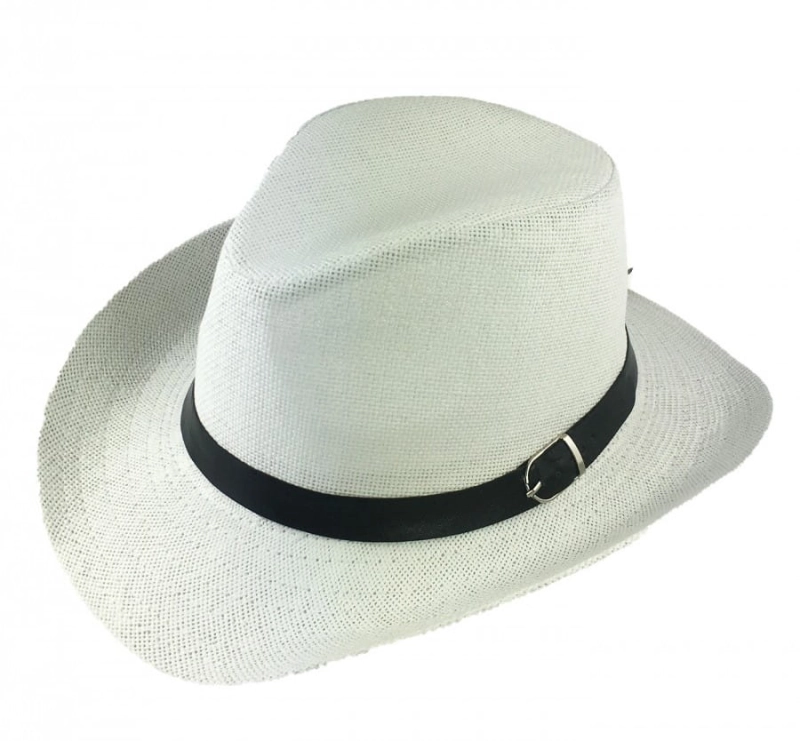 Kapelusz letni typu teksas / kowbojski - biały z paskiem skórzanym