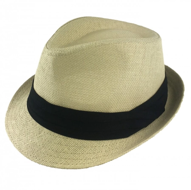 Kapelusz letni trilby beżowy czarną taśmą / otokiem