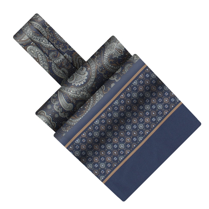 Fular - askot jedwabny brązowo - granatowy elegancki w mikrowzór / paisley