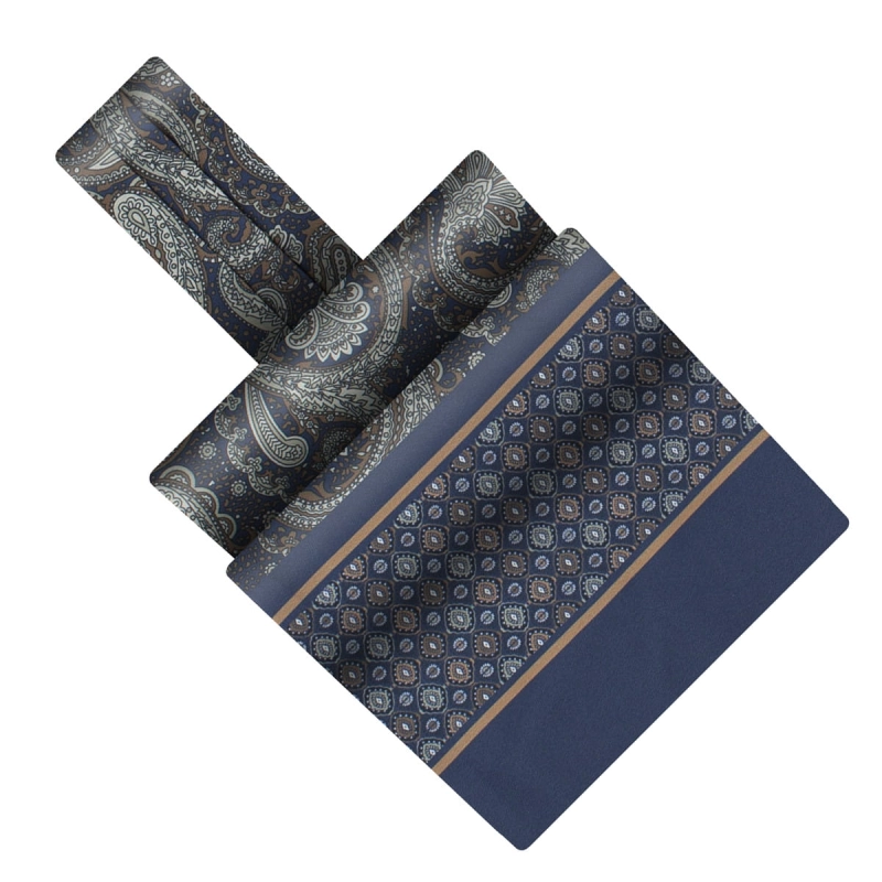Fular - askot jedwabny brązowo - granatowy elegancki w mikrowzór / paisley