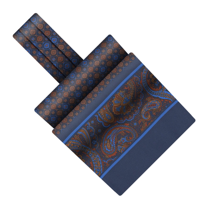 Fular - askot jedwabny rudo - granatowy elegancki w mikrowzór / paisley EM