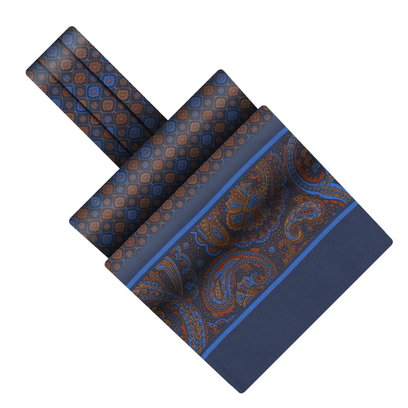 Fular - askot jedwabny rudo - granatowy elegancki w mikrowzór / paisley EM
