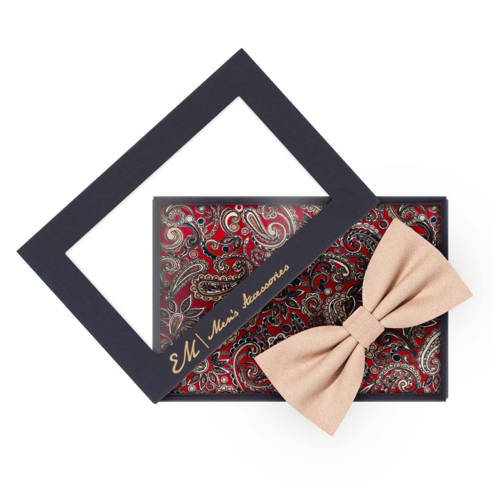 Zestaw prezentowy dla mężczyzny: beżowa mucha + czerwona poszetka zapakowane w pudełko