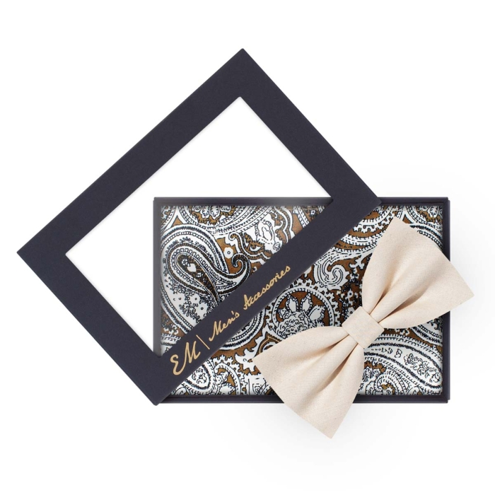 Zestaw prezentowy dla mężczyzny: kremowa mucha + brązowa poszetka zapakowane w pudełko