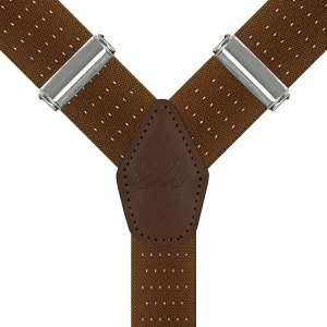 Szelki brązowe w groszki / kropki zapinane na guziki z wykończeniem skórzanym w kolorze brązowym