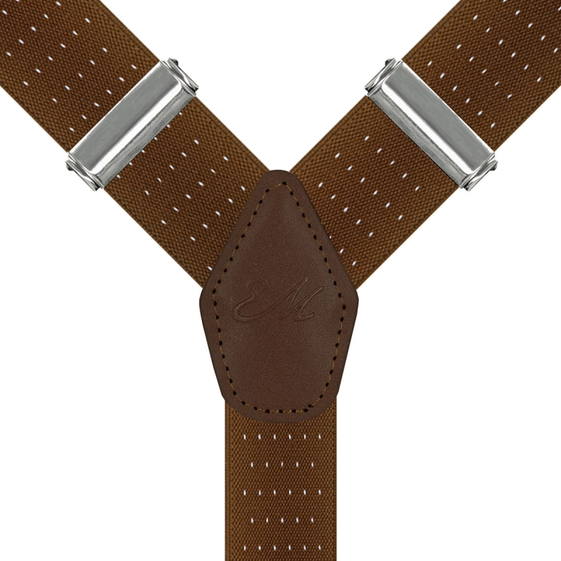 Szelki brązowe w groszki / kropki zapinane na guziki z wykończeniem skórzanym w kolorze brązowym