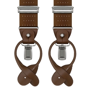 Szelki brązowe w groszki / kropki zapinane na guziki z wykończeniem skórzanym w kolorze brązowym