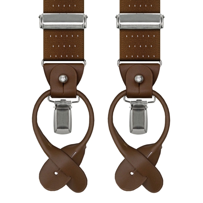 Szelki brązowe w groszki / kropki zapinane na guziki z wykończeniem skórzanym w kolorze brązowym