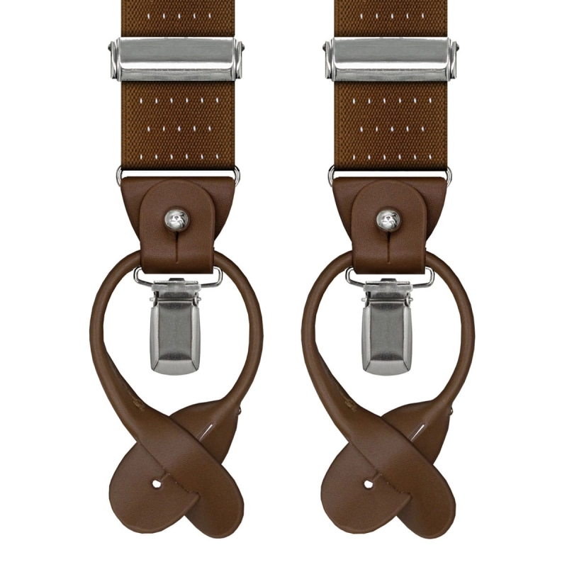 Szelki brązowe w groszki / kropki zapinane na guziki z wykończeniem skórzanym w kolorze brązowym