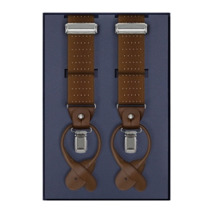 Szelki brązowe w groszki / kropki zapinane na guziki z wykończeniem skórzanym w kolorze brązowym