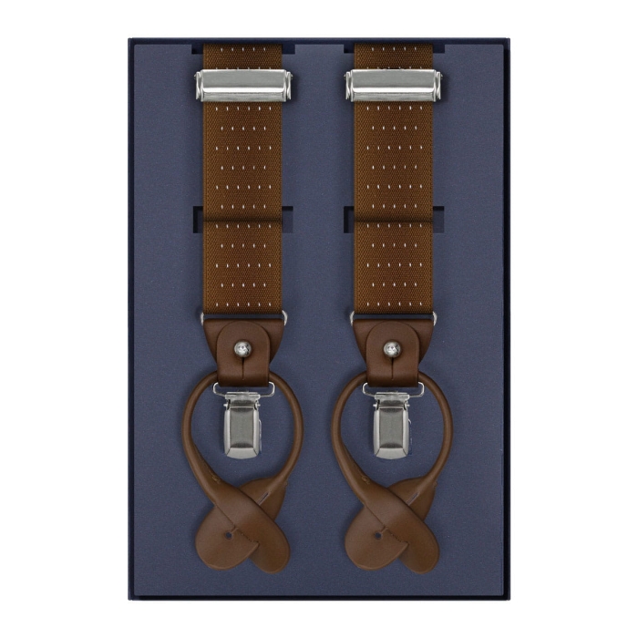 Szelki brązowe w groszki / kropki zapinane na guziki z wykończeniem skórzanym w kolorze brązowym