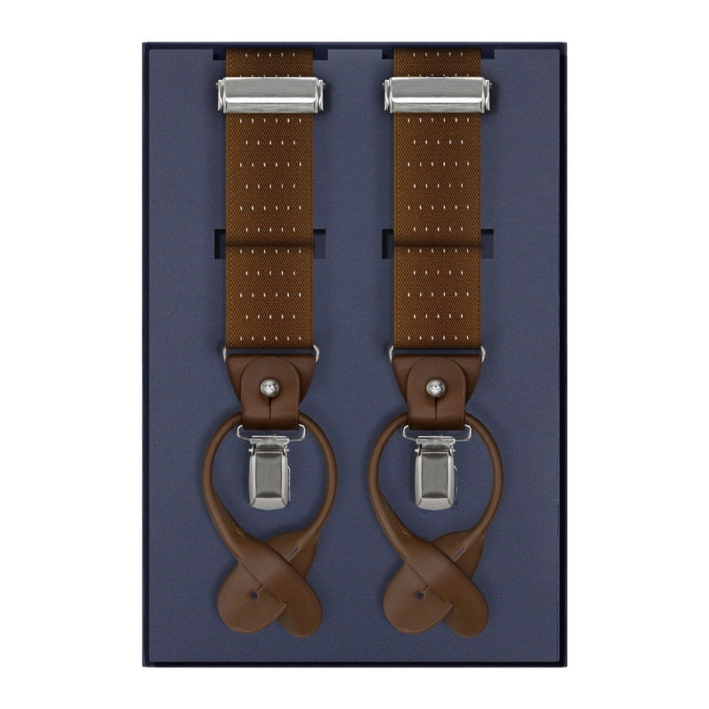 Szelki brązowe w groszki / kropki zapinane na guziki z wykończeniem skórzanym w kolorze brązowym