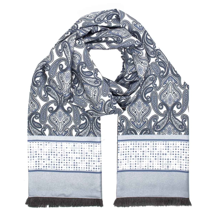 Męski szalik wykonany z jedwabiu i wełny we wzory i paisley biało-niebieski EM / wełniany - jedwabny