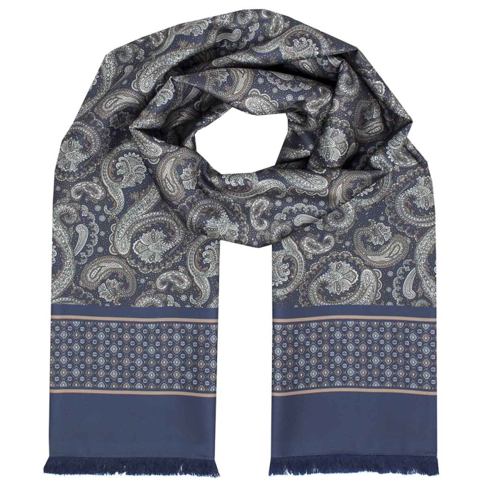 Męski szalik wykonany z jedwabiu i wełny we wzory i paisley granatowo-brązowy EM / wełniany - jedwabny