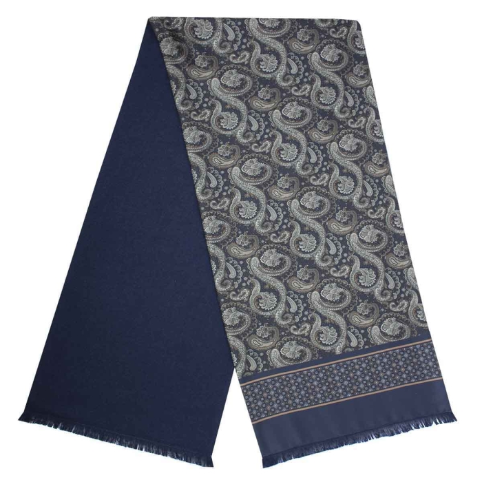 Męski szalik wykonany z jedwabiu i wełny we wzory i paisley granatowo-brązowy EM / wełniany - jedwabny