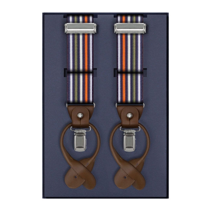 Szelki kolorowe w paski zapinane na guziki z wykończeniem skórzanym w kolorze brązowym