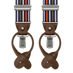 Szelki kolorowe w paski zapinane na guziki z wykończeniem skórzanym w kolorze brązowym