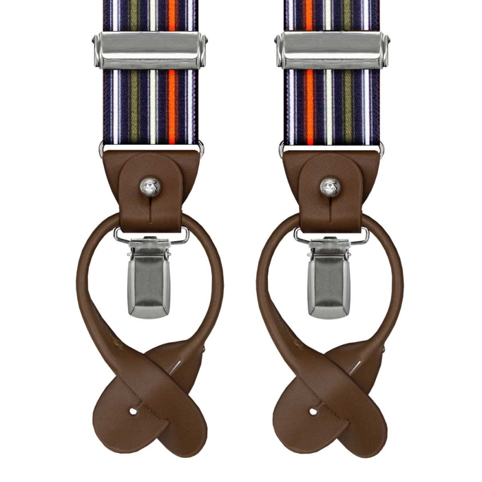 Szelki kolorowe w paski zapinane na guziki z wykończeniem skórzanym w kolorze brązowym