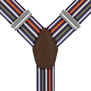 Szelki kolorowe w paski zapinane na guziki z wykończeniem skórzanym w kolorze brązowym