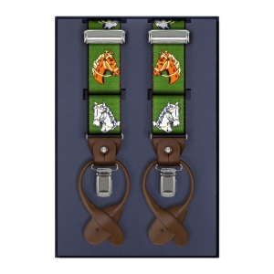 Szelki zielone myśliwskie w konie zapinane na guziki z wykończeniem skórzanym w kolorze brązowym