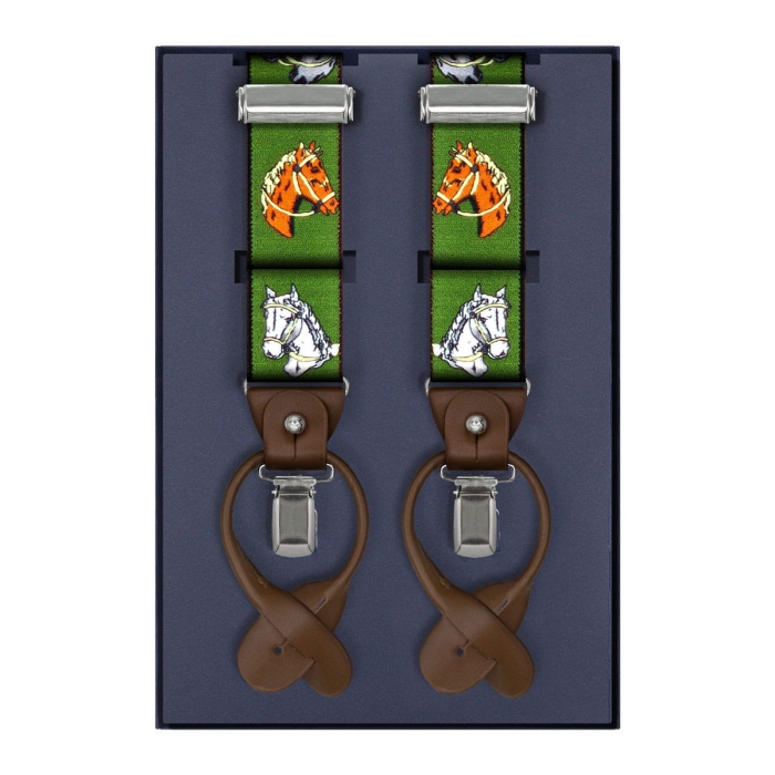 Szelki zielone myśliwskie w konie zapinane na guziki z wykończeniem skórzanym w kolorze brązowym