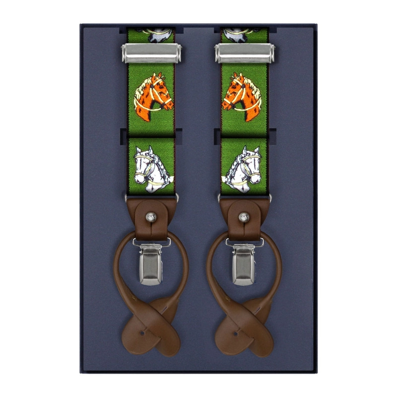 Szelki zielone myśliwskie w konie zapinane na guziki z wykończeniem skórzanym w kolorze brązowym