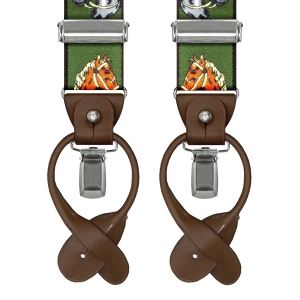 Szelki zielone myśliwskie w konie zapinane na guziki z wykończeniem skórzanym w kolorze brązowym