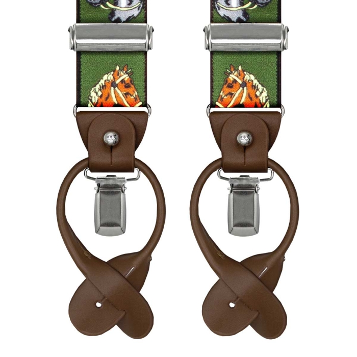 Szelki zielone myśliwskie w konie zapinane na guziki z wykończeniem skórzanym w kolorze brązowym