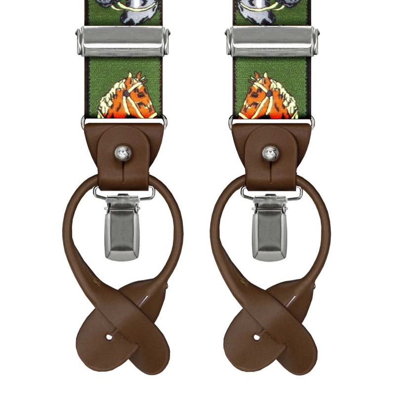 Szelki zielone myśliwskie w konie zapinane na guziki z wykończeniem skórzanym w kolorze brązowym