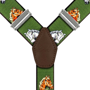 Szelki zielone myśliwskie w konie zapinane na guziki z wykończeniem skórzanym w kolorze brązowym