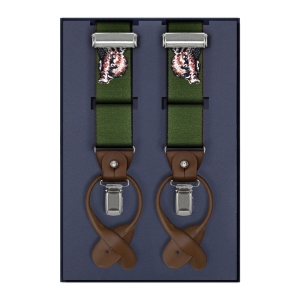 Szelki zielone myśliwskie zapinane na guziki z wykończeniem skórzanym w kolorze brązowym