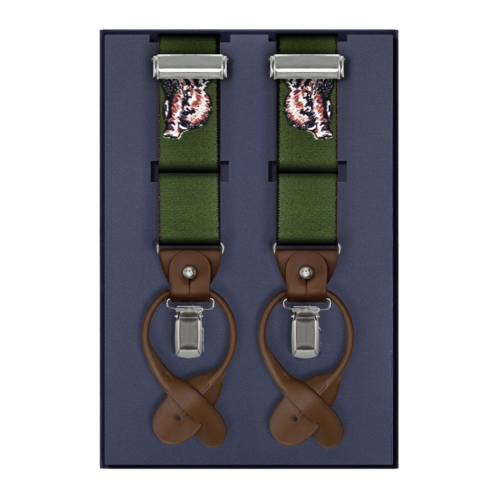 Szelki zielone myśliwskie zapinane na guziki z wykończeniem skórzanym w kolorze brązowym