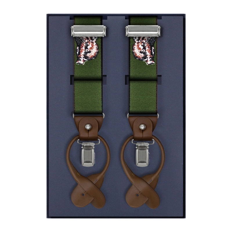 Szelki zielone myśliwskie zapinane na guziki z wykończeniem skórzanym w kolorze brązowym