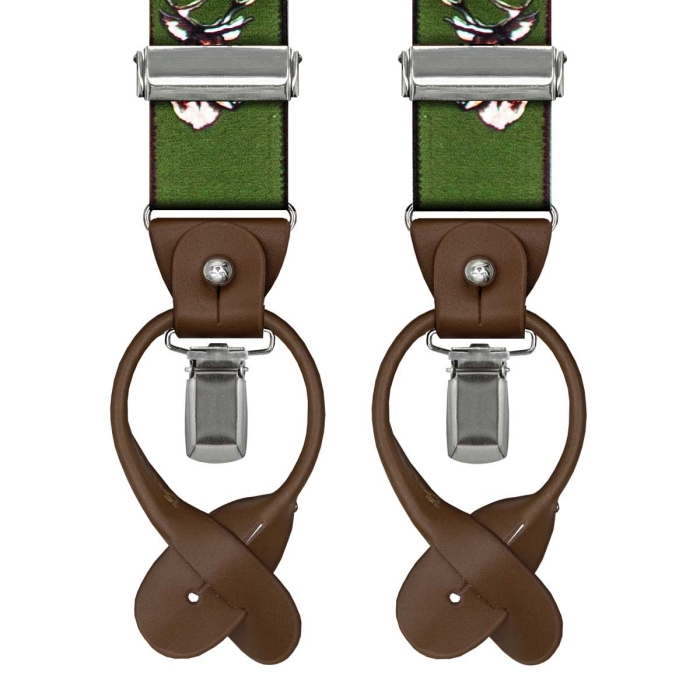 Szelki zielone myśliwskie zapinane na guziki z wykończeniem skórzanym w kolorze brązowym